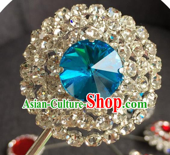 Chinese Ancient Princess Blue Crystal Hairpins Traditional Peking Opera Diva Hair Accessories for Women