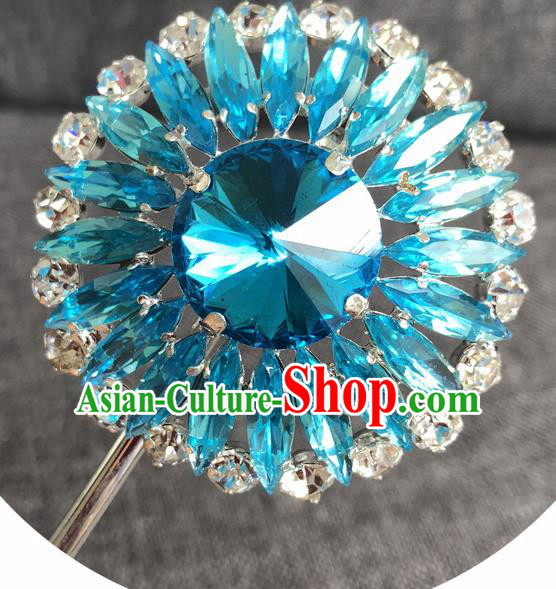 Chinese Ancient Princess Hairpins Traditional Peking Opera Diva Blue Crystal Hair Accessories for Women