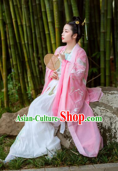 Chinese Jin Dynasty Maidenform Embroidered Pink Wide Sleeve Cardigan Ancient Princess Costumes for Women