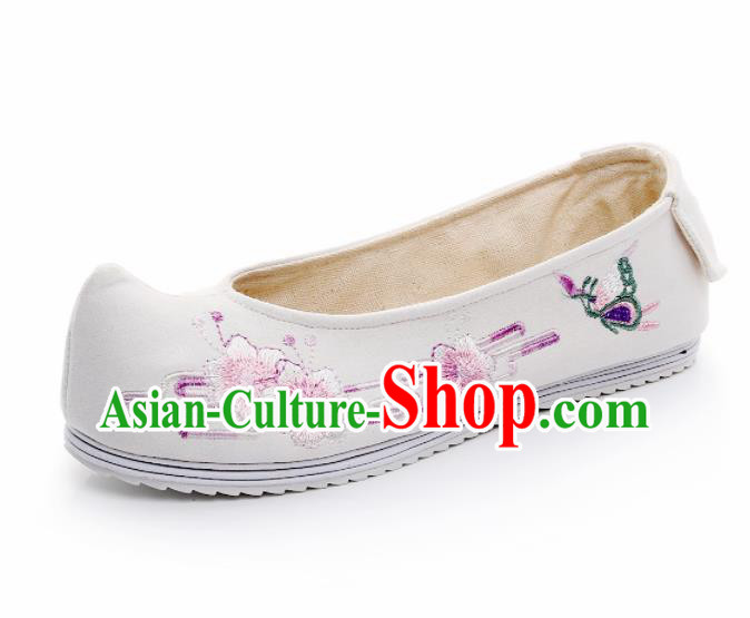 Chinese Ancient Traditional Embroidered Shoes Hanfu Embroidery Peach Blossom White Cloth Shoes for Women