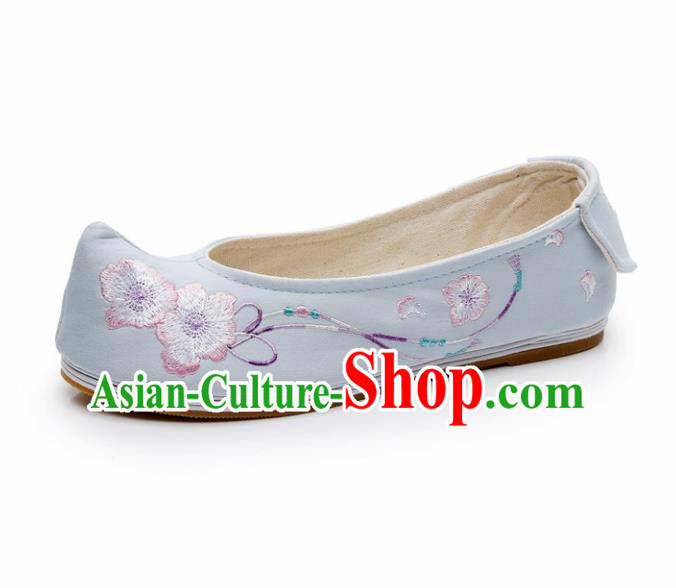 Chinese Ancient Traditional Embroidered Shoes Hanfu Embroidery Peach Flower Blue Cloth Shoes for Women