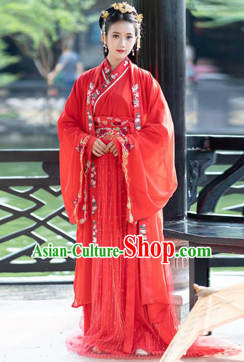 Ancient Chinese Tang Dynasty Wedding Historical Costumes Nobility Lady Embroidered Red Hanfu Dress for Women