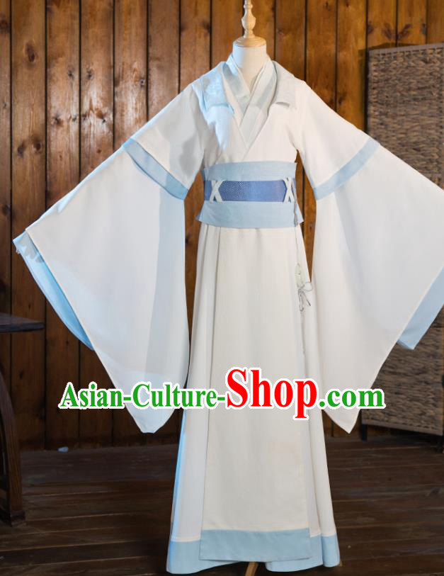 Chinese Traditional Cosplay Nobility Childe Taoist White Costumes Ancient Swordsman Clothing for Men