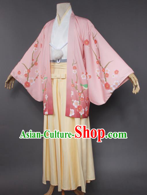 Japanese Traditional Cosplay Knight Costumes Ancient Swordsman Pink Kimono Clothing for Men