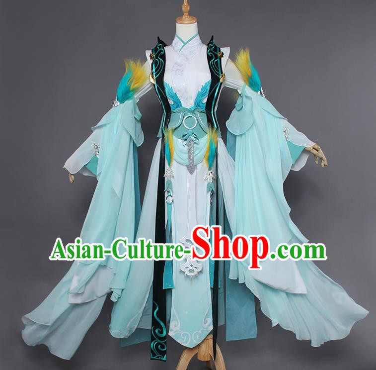 Chinese Traditional Cosplay Female Swordsman Costumes Ancient Knight Blue Dress for Women