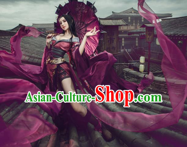 Top Grade Chinese Cosplay Peri Princess Costumes Ancient Swordswoman Purple Dress for Women