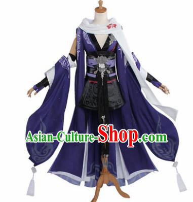 Top Grade Chinese Cosplay Female Assassin Costumes Ancient Swordswoman Purple Dress for Women
