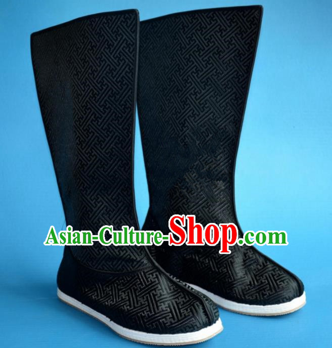 Chinese Traditional Beijing Opera Takefu Shoes Ancient Qing Dynasty Emperor Black Satin Boots for Men