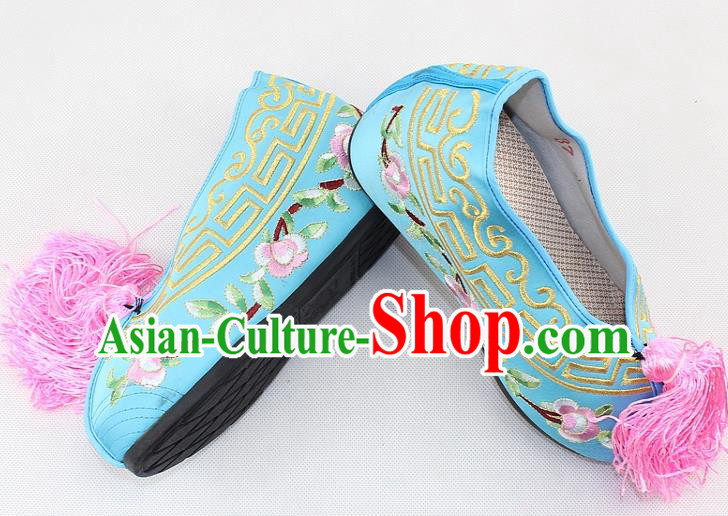 Chinese Traditional Beijing Opera Light Blue Blood Stained Shoes Ancient Handmade Princess Embroidered Shoes for Women