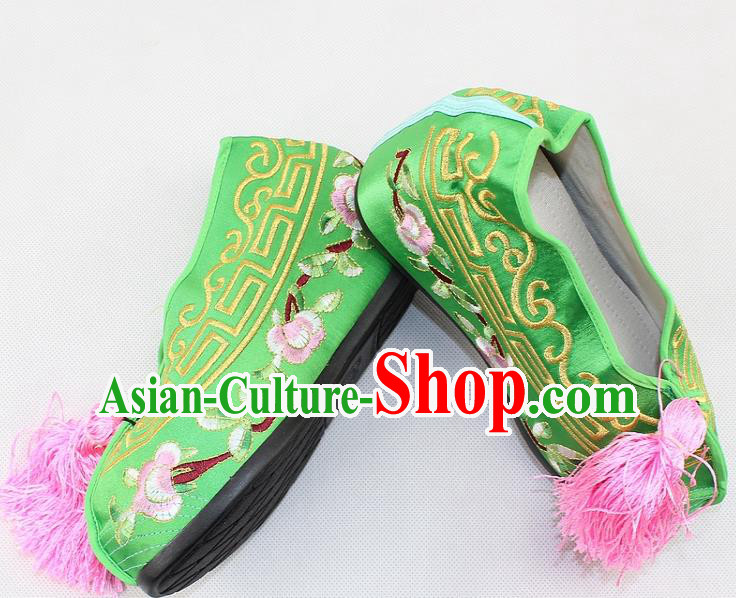 Chinese Traditional Beijing Opera Green Blood Stained Shoes Ancient Handmade Princess Embroidered Shoes for Women