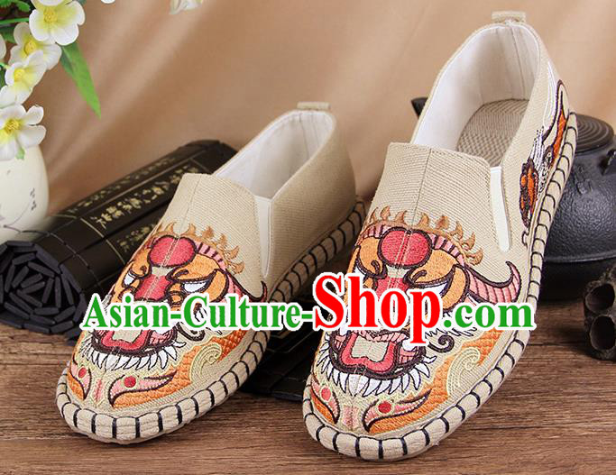 Chinese National Shoes Traditional Cloth Shoes Embroidery Beige Shoes for Men