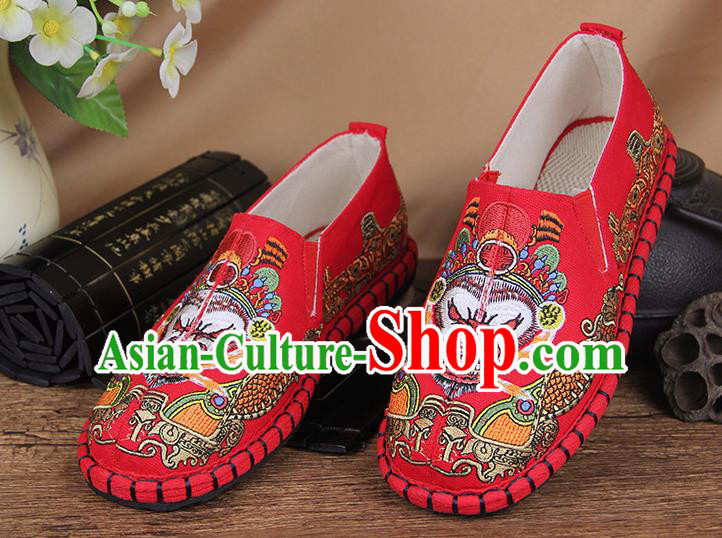 Chinese National Handmade Shoes Traditional Cloth Shoes Embroidery Monkey King Red Shoes for Women