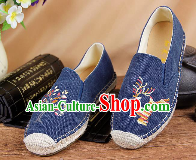 Chinese National Handmade Shoes Traditional Cloth Shoes Embroidery Deer Blue Shoes for Women