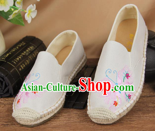 Chinese National Handmade Shoes Traditional Cloth Shoes Embroidery Butterfly White Shoes for Women