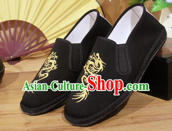 Chinese National Shoes Traditional Embroidery Dragon Martial Arts Cloth Shoes Black Shoes for Men