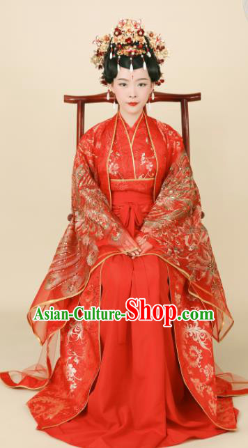 Chinese Ancient Bride Red Hanfu Dress Ming Dynasty Empress Embroidered Wedding Historical Costumes and Headpiece Complete Set