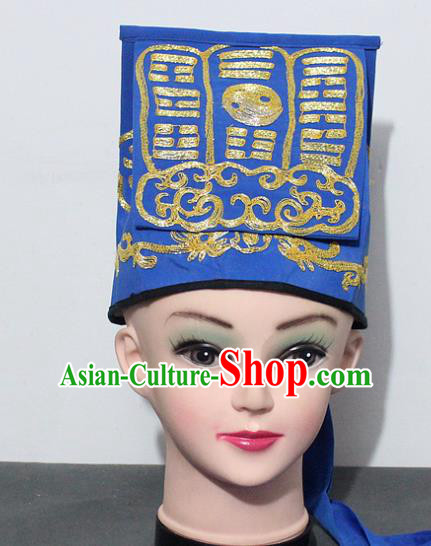 Chinese Traditional Peking Opera Taoist Blue Hat Ancient Taoism Handkerchief for Men