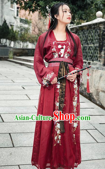 Chinese Ancient Tang Dynasty Nobility Lady Red Hanfu Dress Traditional Embroidered Costumes for Women