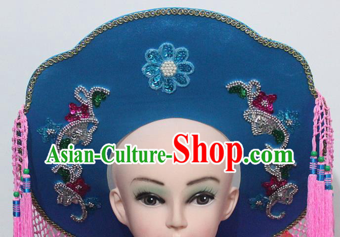 Chinese Traditional Peking Opera Fishing Female Hat Ancient Swordswoman Blue Hat for Women