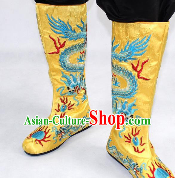 Chinese Traditional Beijing Opera Takefu Shoes Ancient Handmade Emperor Embroidered Dragons Yellow Boots for Men