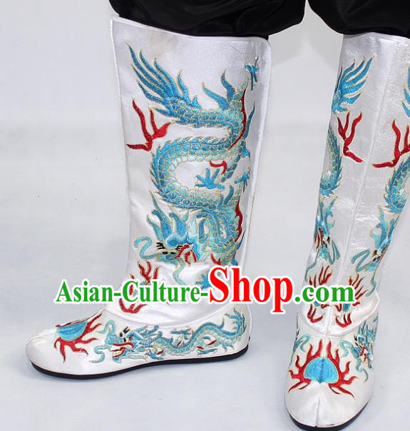 Chinese Traditional Beijing Opera Takefu Shoes Ancient Handmade Emperor Embroidered Dragons White Boots for Men