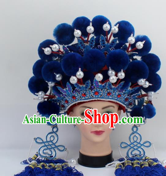 Chinese Traditional Peking Opera Royalblue Venonat Phoenix Coronet Ancient Bride Hair Accessories for Women