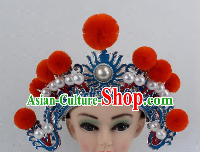 Chinese Traditional Peking Opera Blues Orange Venonat Helmet Ancient Magic Warriors Hat for Women