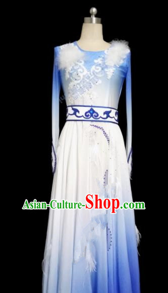 Chinese Traditional Classical Dance Costumes Umbrella Dance Blue Dress for Women