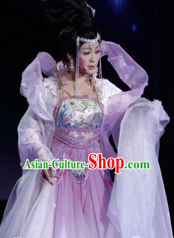 Traditional Chinese Classical Dance Embroidered Costumes Ancient Moon Goddess Lilac Hanfu Dress for Women