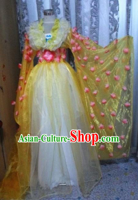 Traditional Chinese Classical Dance Embroidered Costumes Ancient Peri Yellow Hanfu Dress for Women