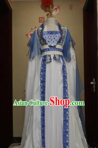 Traditional Chinese Ancient Peri Blue Hanfu Dress Tang Dynasty Court Princess Embroidered Costumes for Women