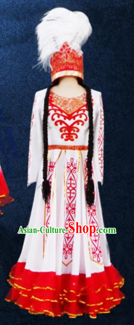 Chinese Traditional Ethnic Costumes Stage Performance Kazak Minority Nationality Dance White Dress for Women