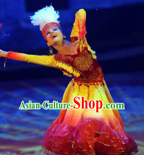 Chinese Traditional Ethnic Costumes Stage Performance Uigurian Minority Nationality Dance Dress for Women