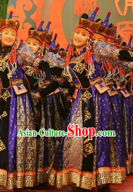 Chinese Traditional Ethnic Costumes Stage Performance Mongolian Minority Nationality Dance Purple Dress for Women