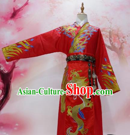 Chinese Traditional Red Embroidered Robe Ancient Tang Dynasty Emperor Wedding Costumes for Men