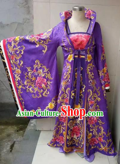 Chinese Traditional Tang Dynasty Embroidered Costume Ancient Imperial Consort Purple Hanfu Dress for Women