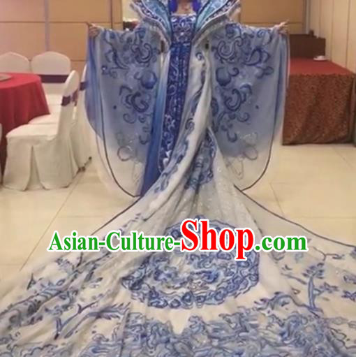 Traditional Chinese Tang Dynasty Embroidered Costume Ancient Imperial Consort Blue Hanfu Dress for Women