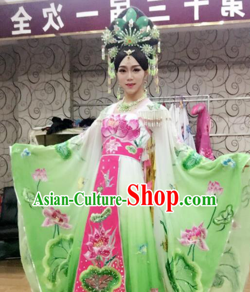 Traditional Chinese Tang Dynasty Costume Ancient Imperial Consort Embroidered Lotus Green Hanfu Dress for Women