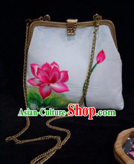 Chinese Traditional Embroidered Craft Handmade Embroidery Lotus White Bags for Women