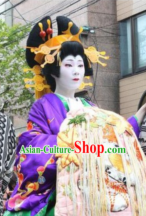 Traditional Japanese Geisha Black Long Wig and Hair Jewelry