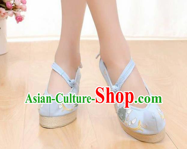 Chinese Traditional Classical Shoes Ancient Hanfu Shoes Blue Embroidered Shoes for Women