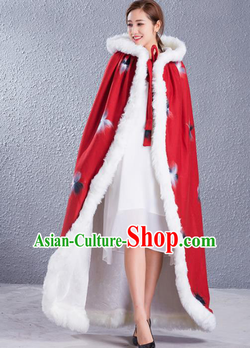 Traditional Chinese Ancient Princess Costumes Red Woolen Cloak for Women