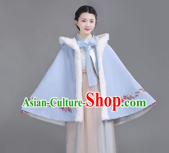 Chinese Traditional Costumes Ancient Hanfu Embroidered Blue Woolen Short Cloak for Women