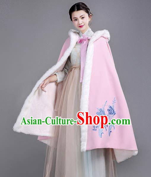 Chinese Traditional Costumes Ancient Hanfu Embroidered Pink Woolen Short Cloak for Women