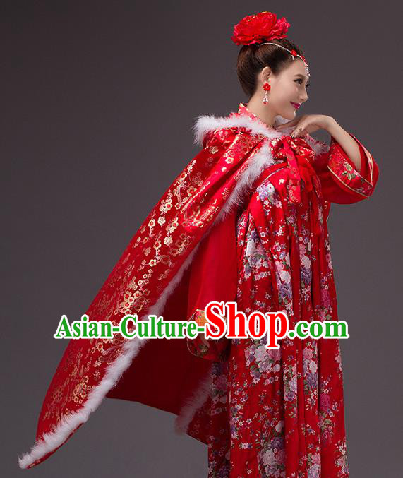 Chinese Traditional Costumes Ancient Peri Princess Hanfu Red Satin Cloak for Women