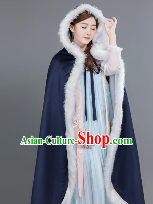 Chinese Traditional Costumes Ancient Princess Hanfu Navy Satin Cloak for Women