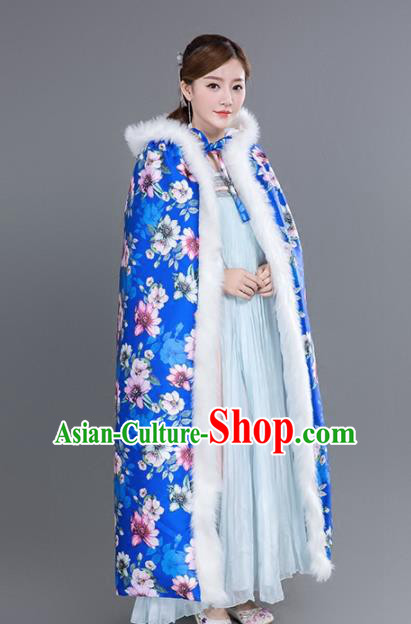 Chinese Traditional Costumes Ancient Princess Hanfu Printing Flowers Thicken Blue Cloak for Women