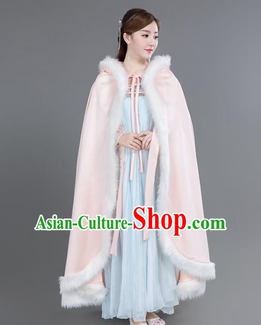 Chinese Traditional Costumes Ancient Peri Princess Hanfu Pink Brocade Cloak for Women