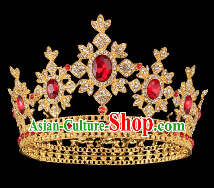 Baroque Style Bride Hair Accessories Princess Round Red Crystal Royal Crown for Women