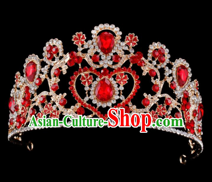 Baroque Style Bride Hair Accessories Queen Retro Red Crystal Royal Crown for Women